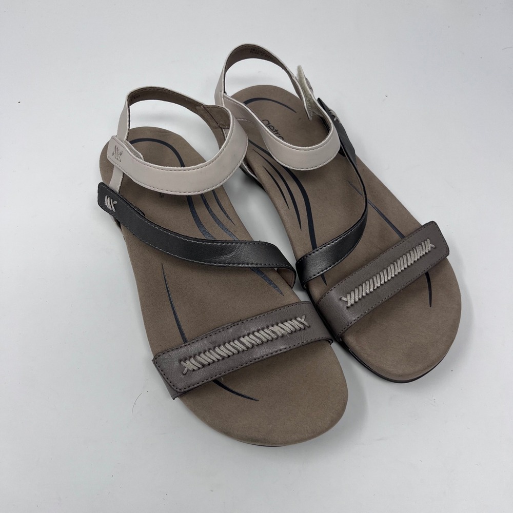 Aetrex Gabby Sandals Strappy Leather Womens 7.5-8 Grey Tan Orthotic Comfort